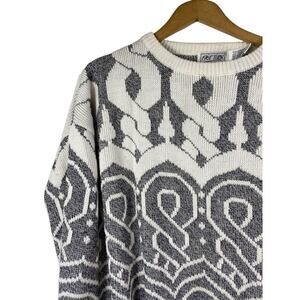 Vintage 1980s Sweater Medium Giro Geometric All Over Pattern Gray & White